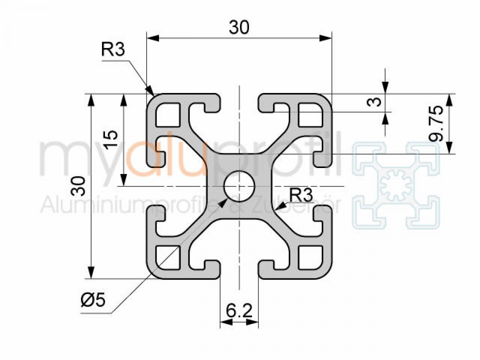 Stab in Länge 6040 mm - Aluminiumprofil 30x30 Nut 6 I-Typ Leicht