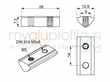 Sliding block with bridge M5 + set screw groove 8 I-type