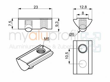 Sliding block with bridge M5 stainless groove 8 I-type