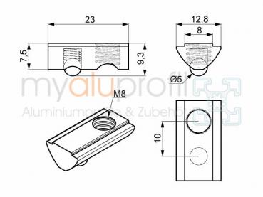 Sliding block with bridge M8 stainless groove 8 I-type