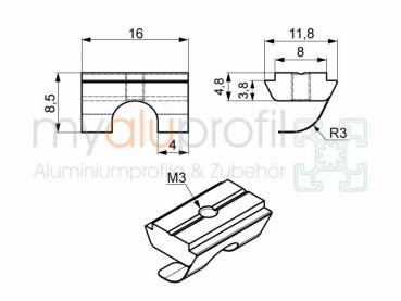 Nutenstein 8E mit Steg + Federblech M3 elektrisch leitfähig Nut 8 B-Typ