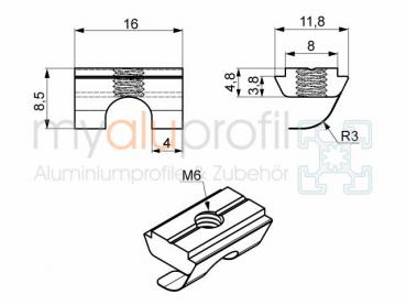 Nutenstein 8E mit Steg + Federblech M6 elektrisch leitfähig Nut 8 B-Typ