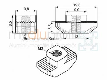 Hammermutter Nut 10, M3 Steg 3mm mit Bremsmoment