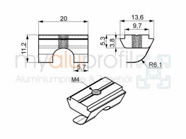 Sliding block 10 w. Bridge + spring plate, M4 electrically conductive