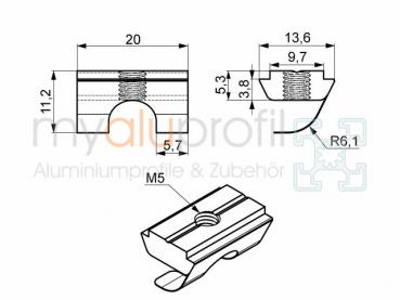 Sliding block 10 w. Bridge + spring plate, M5 electrically conductive