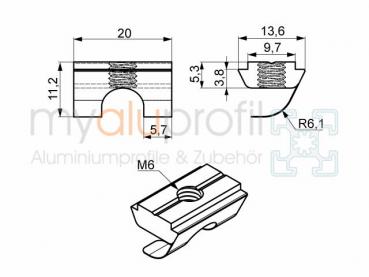 Sliding block 10 w. Bridge + spring plate, M6 electrically conductive