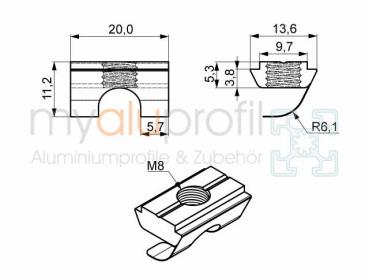 Sliding block 10 w. Bridge + spring plate, M8 stainless