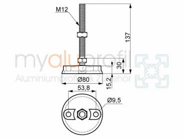 Leveling foot D80 M12x130 with screw holes groove 10 B-type