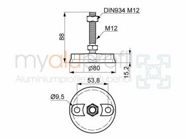 Leveling foot D80 M12x85 with screw holes groove 10 B-type