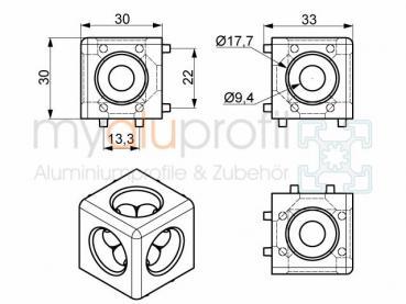 Cube connector set 30x30 groove 8 3D B-type