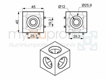 Würfelverbindersatz 45x45 3D Nut 10 B-Typ