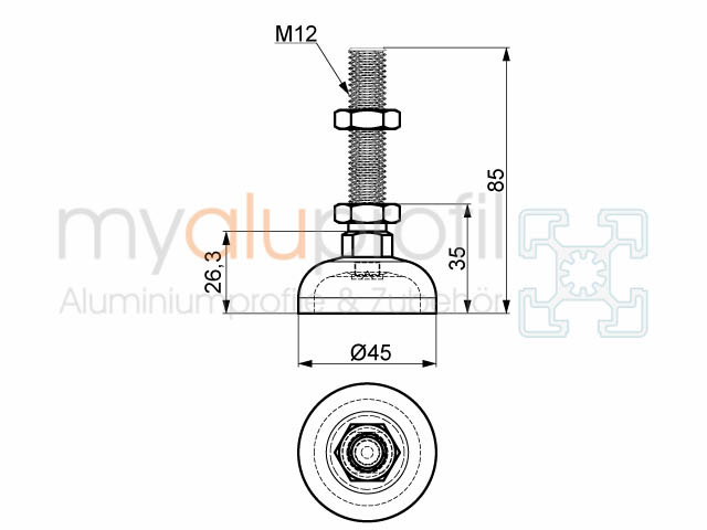 Gelenkfuß Stahl Mit Gewindestange M12x85 Mm – Typ I, Nut 8, Für Maschinenbau