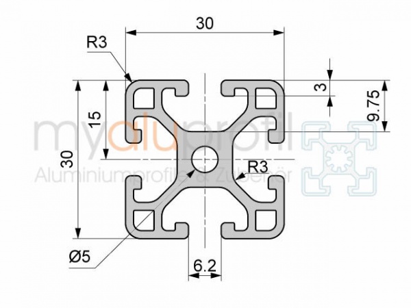 Bar in length 6040 mm - aluminium profile 30x30 groove 6 I-type light