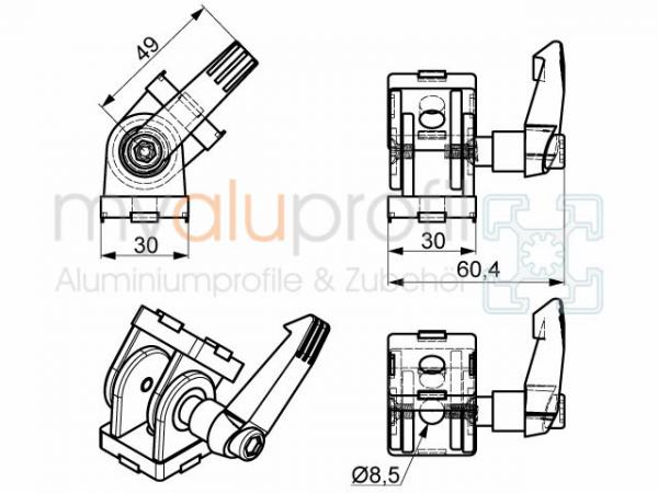 Joint 30x30 with clamping lever Nut 8 B-type