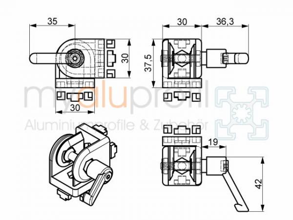 Joint 30x30 with clamping lever Slot 6 I-type