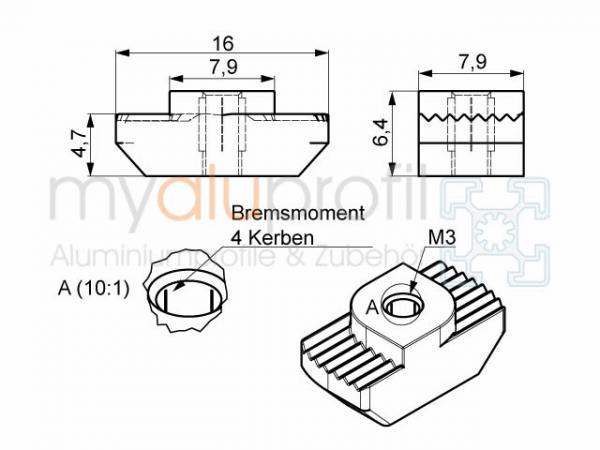 Hammer nut, M3 bridge 1.7mm with brake torque groove 8 B-type