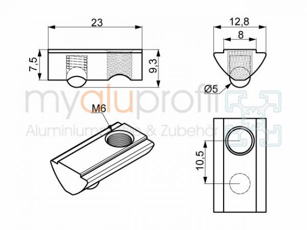 Sliding block with bridge M6 stainless groove 8 I-type