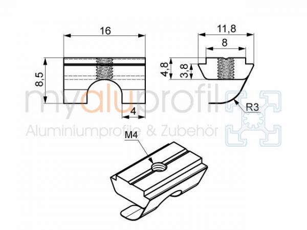 Nutenstein 8E mit Steg + Federblech M4 elektrisch leitfähig Nut 8 B-Typ