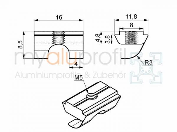 Sliding block 8E with bridge + spring plate M5 stainless groove 8 B-type