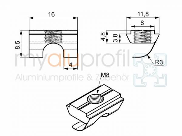 Sliding block 8E with bridge + spring plate M8 stainless groove 8 B-type