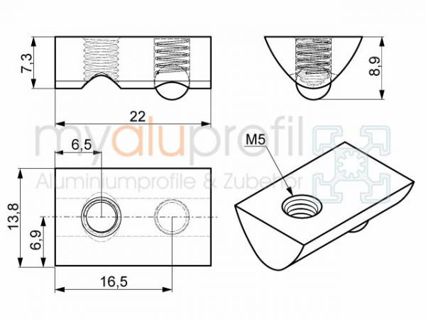 Sliding block M5 stainless groove 8 I-type