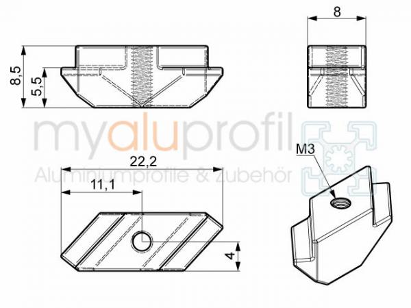 Sliding block Zn M3 groove 8 I-type