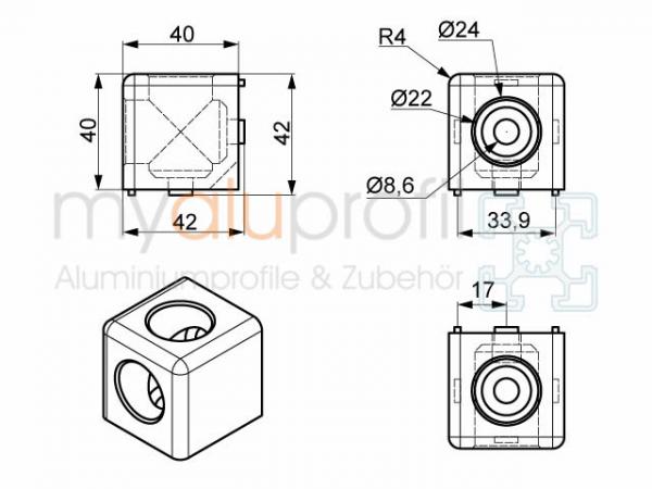 Cube connector 40x40 2D groove 8 I-type