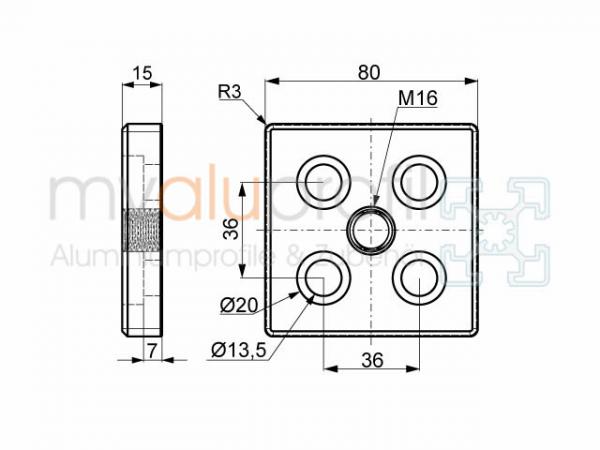 Fußplatte 80x80 M16 Nut 10 B-Typ