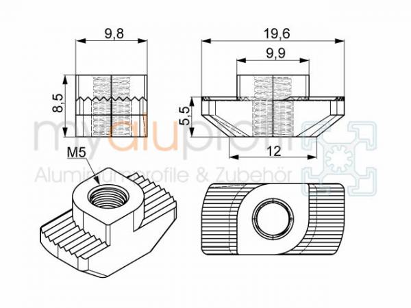 Hammer nut slot 10, M5 bar 3mm stainless