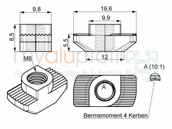 Hammer nut slot 10, M6 bar 3mm with braking torque