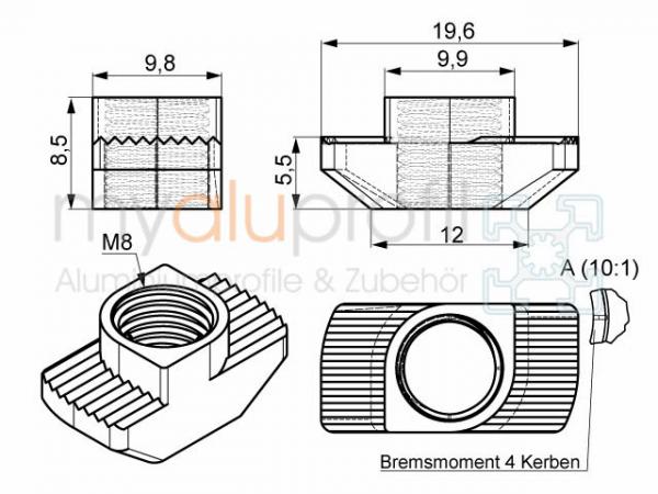 Hammermutter Nut 10, M8 Steg 3mm mit Bremsmoment