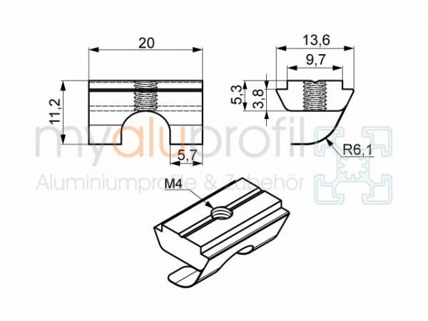 Sliding block 10 Bridge + spring plate, M4 stainless