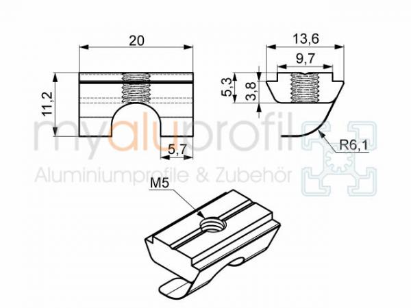 Sliding block 10 w. Bridge + spring plate, M5 electrically conductive