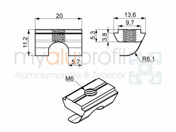 Sliding block 10 w. Bridge + spring plate, M6 stainless