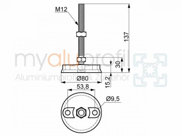 Stellfuß D80 M12x130 mit Anschraubbohrungen Nut 10 B-Typ