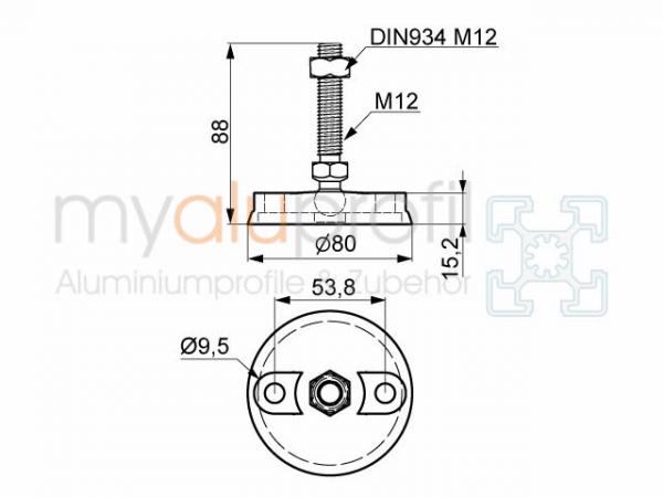 Stellfuß D80 M12x85 mit Anschraubbohrung Nut 10 B-Typ