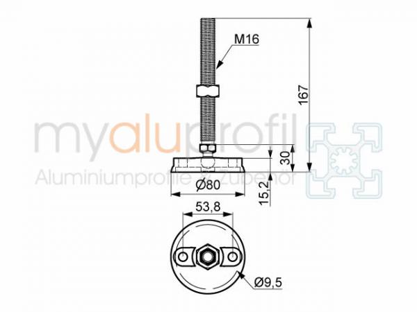 Leveling foot D80 M16x180 with screw holes groove 10 B-type