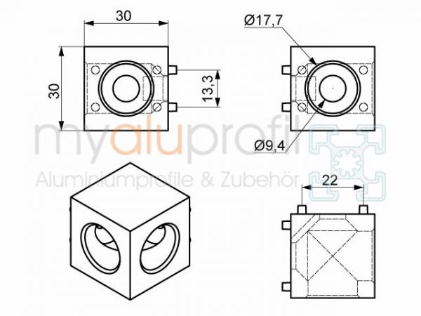 Cube connector set 30x30 groove 8 2D B-type